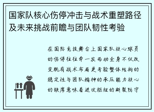 国家队核心伤停冲击与战术重塑路径及未来挑战前瞻与团队韧性考验