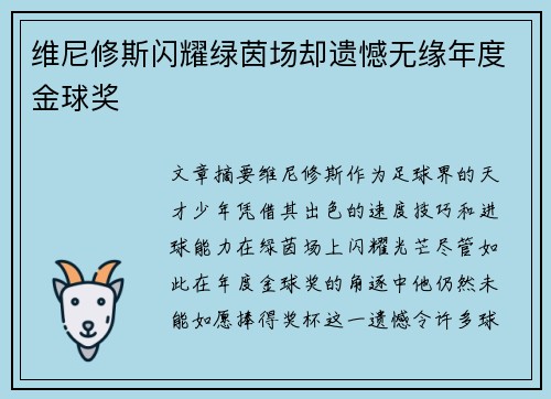 维尼修斯闪耀绿茵场却遗憾无缘年度金球奖