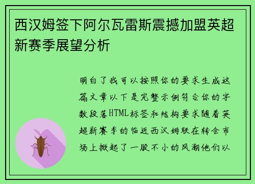 西汉姆签下阿尔瓦雷斯震撼加盟英超新赛季展望分析